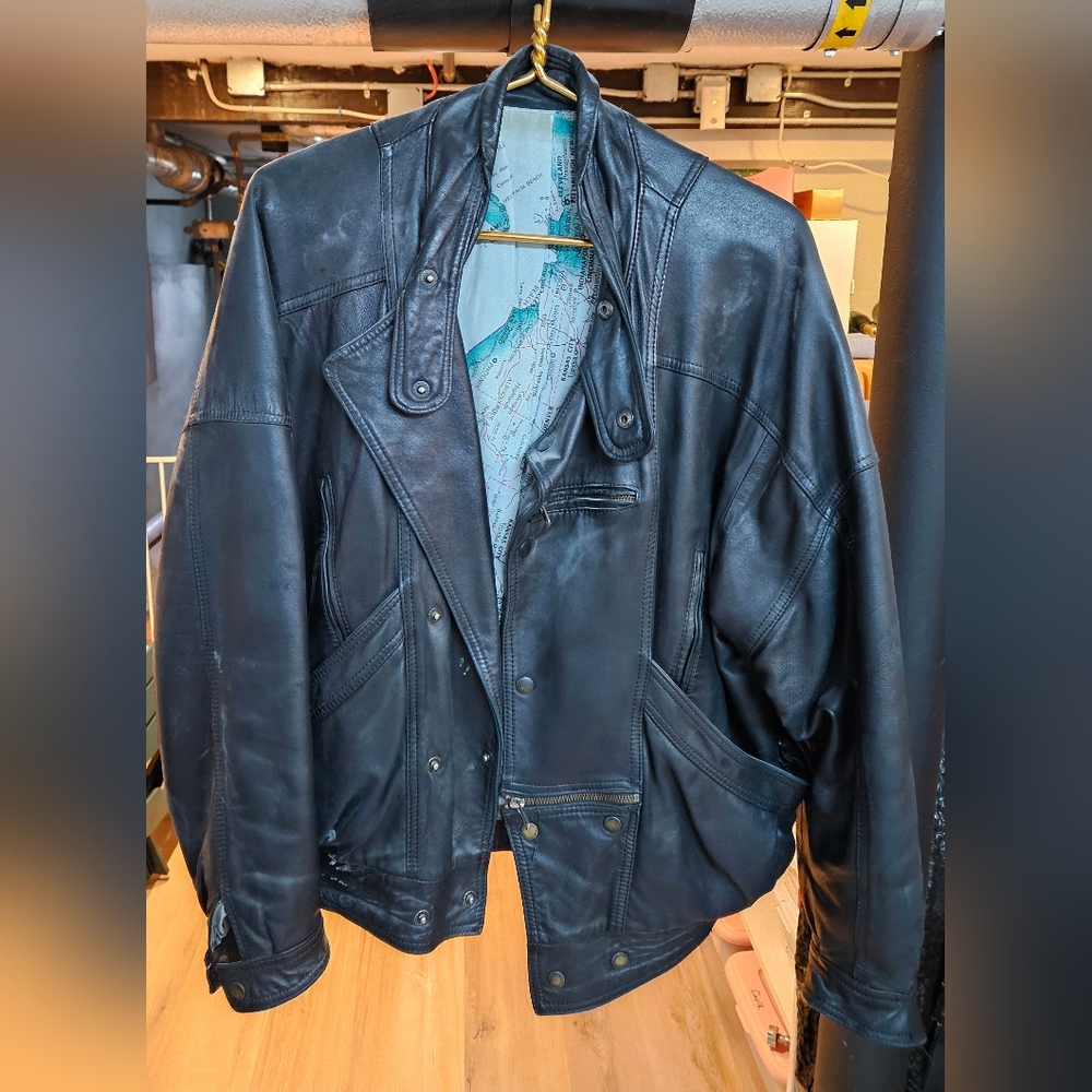 VTG Au Renard French Leather Aviator Map Bomber Jacket